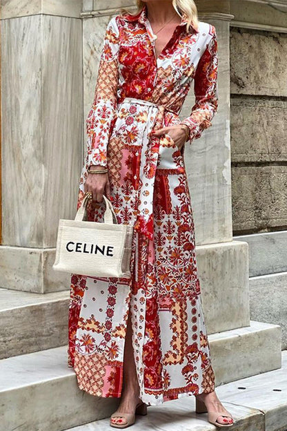 Elegante vestido camisero con cuello vuelto y frenillo con bolsillos florales