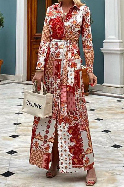 Elegante vestido camisero con cuello vuelto y frenillo con bolsillos florales