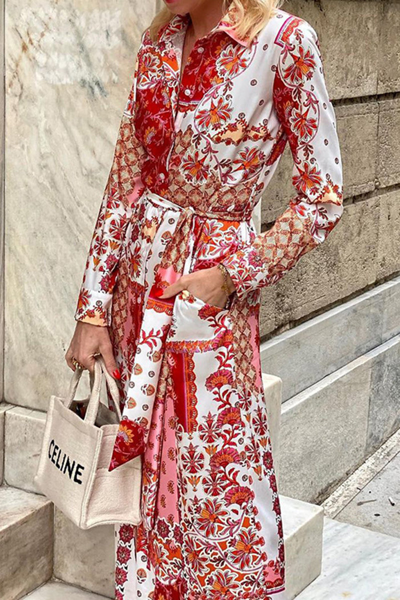 Elegante vestido camisero con cuello vuelto y frenillo con bolsillos florales