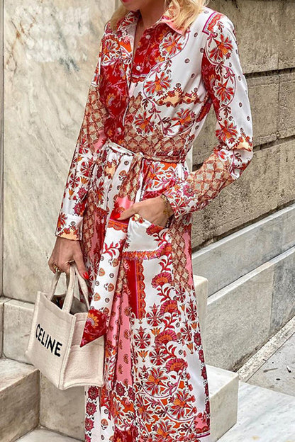 Elegante vestido camisero con cuello vuelto y frenillo con bolsillos florales