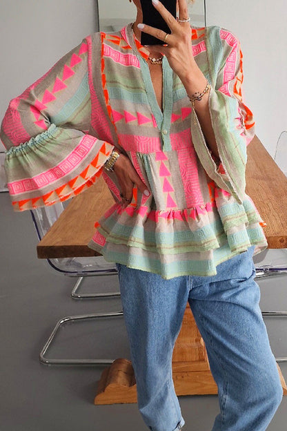 Blusas casuales con cuello en V y contraste de bloques de color