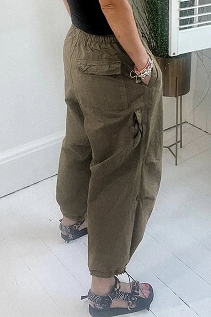 Pantalones casuales lisos con cordón, sueltos, de cintura media, rectos, de color liso