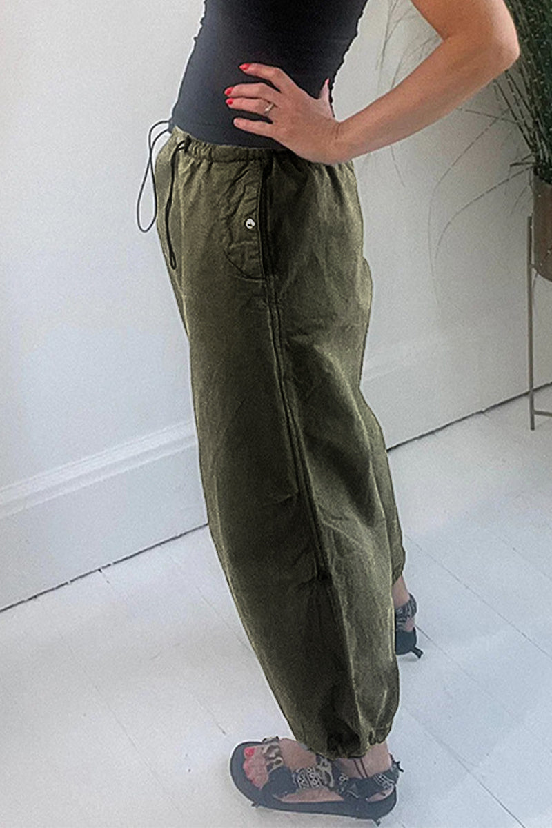 Pantalones casuales lisos con cordón, sueltos, de cintura media, rectos, de color liso