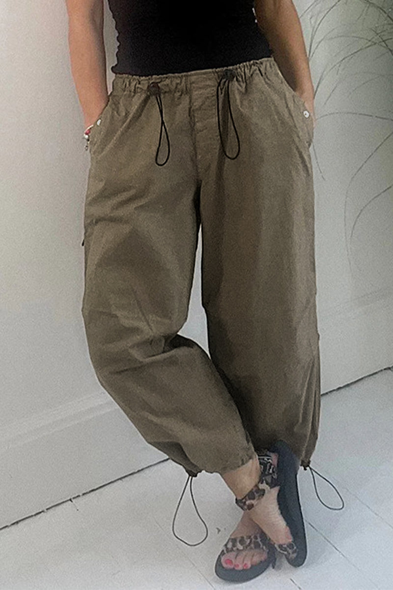 Pantalones casuales lisos con cordón, sueltos, de cintura media, rectos, de color liso
