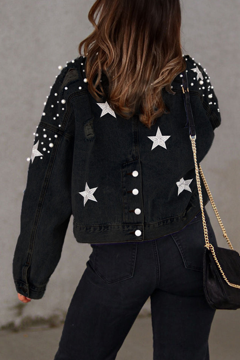 Chaqueta vaquera informal de manga larga con cuello vuelto y cuentas lisas (3 colores)