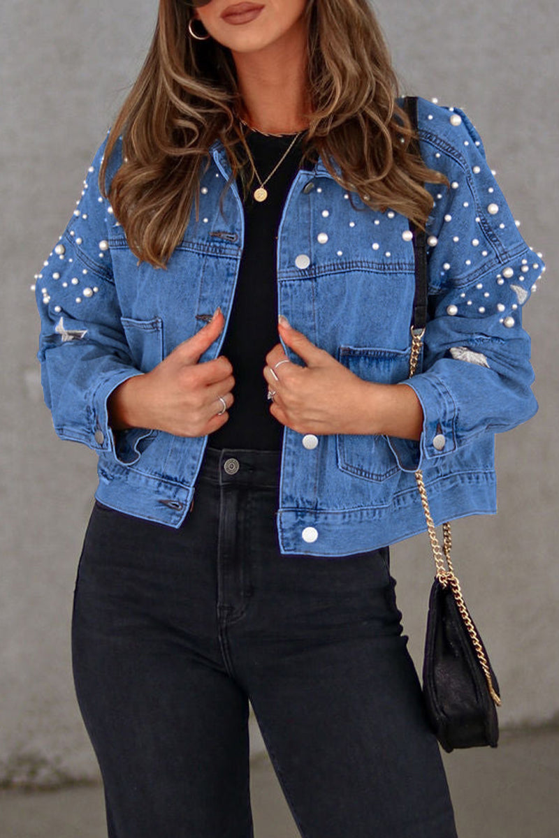Chaqueta vaquera informal de manga larga con cuello vuelto y cuentas lisas (3 colores)