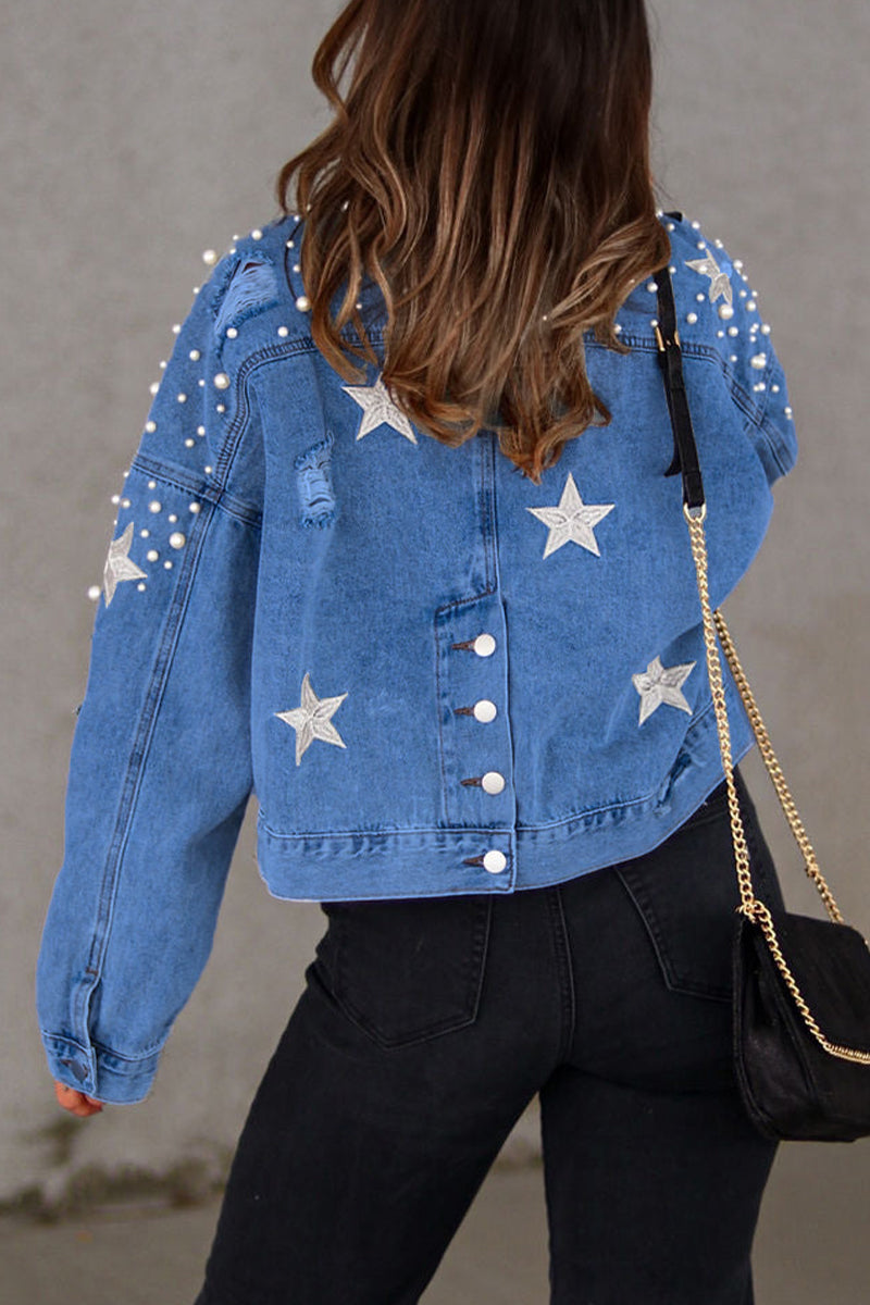 Chaqueta vaquera informal de manga larga con cuello vuelto y cuentas lisas (3 colores)