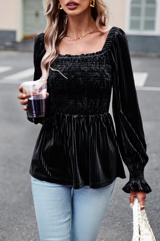 Elegante blusa de cuello cuadrado con pliegues sólidos (4 colores)