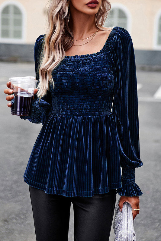 Elegante blusa de cuello cuadrado con pliegues sólidos (4 colores)