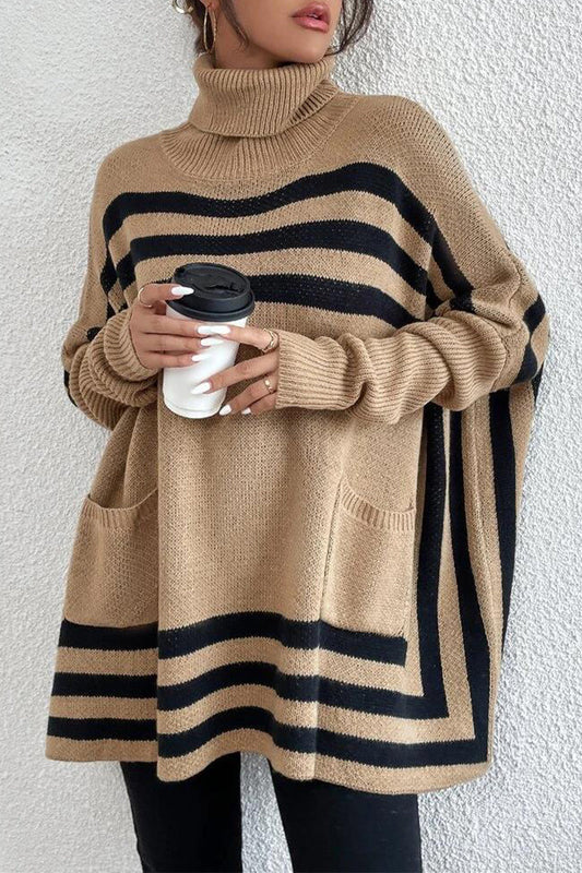 Tops de cuello alto con bolsillos y patchwork de rayas urbanas