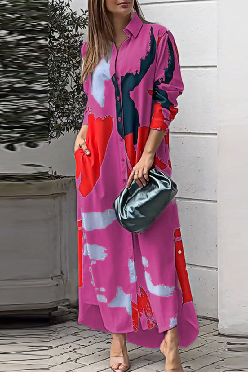 Casual Street Geometric Printing Turndown Collar Shirt Dress Dresses(9 Colors)