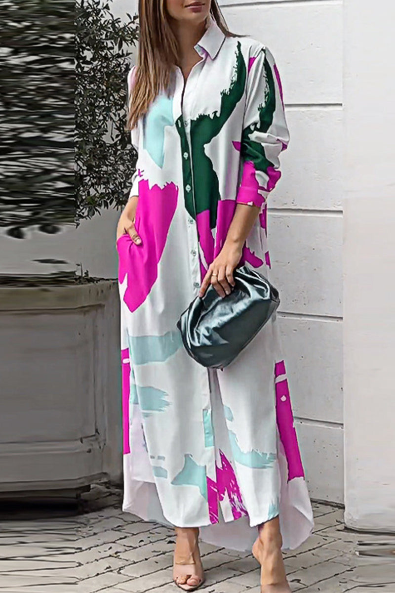Vestidos camiseros informales con cuello vuelto y estampado geométrico urbano (9 colores)