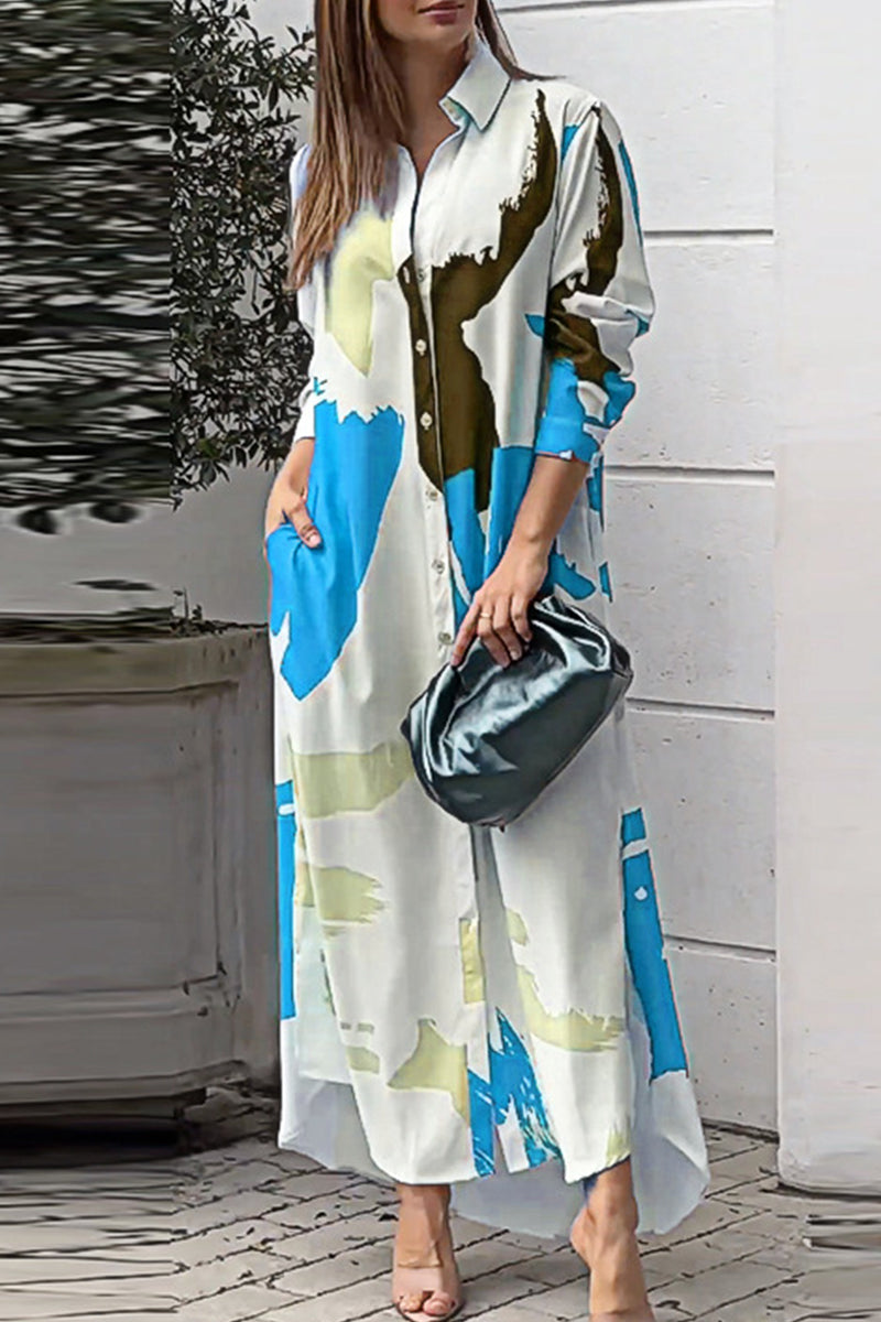 Vestidos camiseros informales con cuello vuelto y estampado geométrico urbano (9 colores)