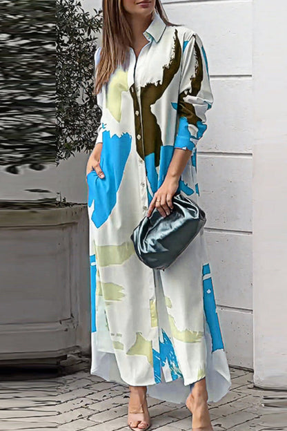 Vestidos camiseros informales con cuello vuelto y estampado geométrico urbano (9 colores)
