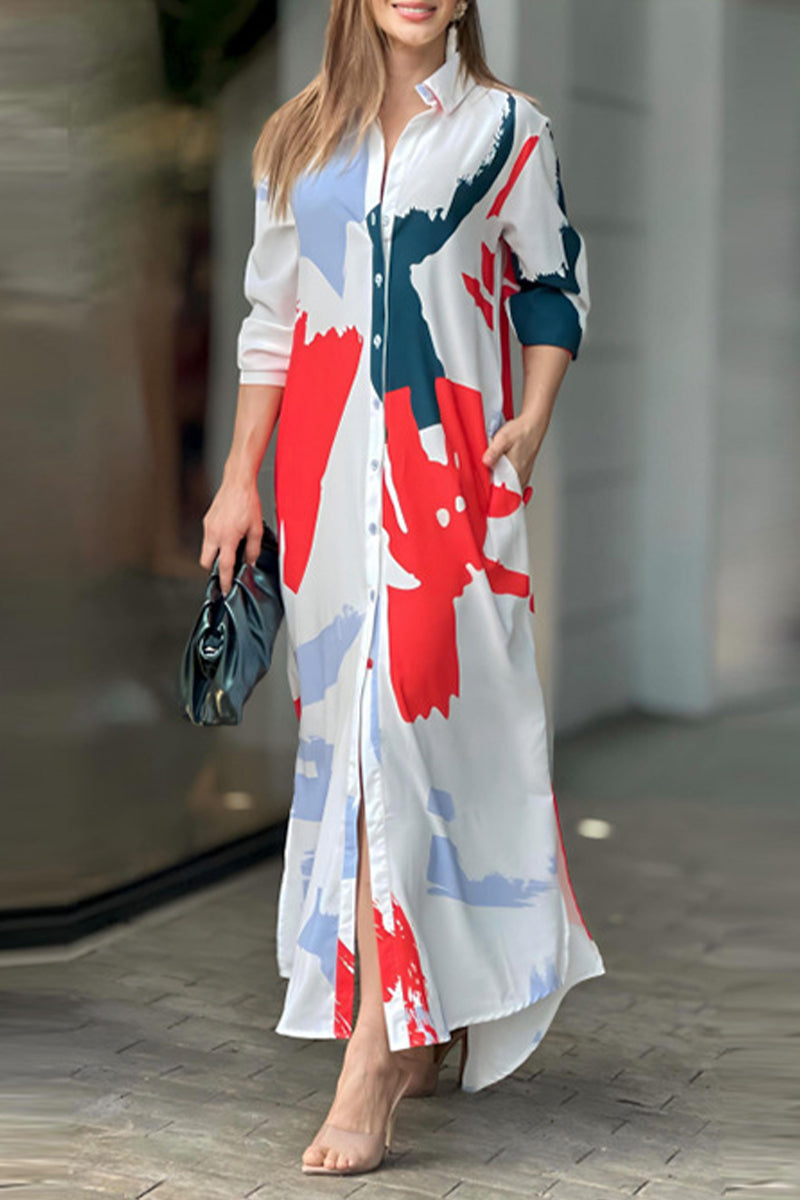 Vestidos camiseros informales con cuello vuelto y estampado geométrico urbano (9 colores)