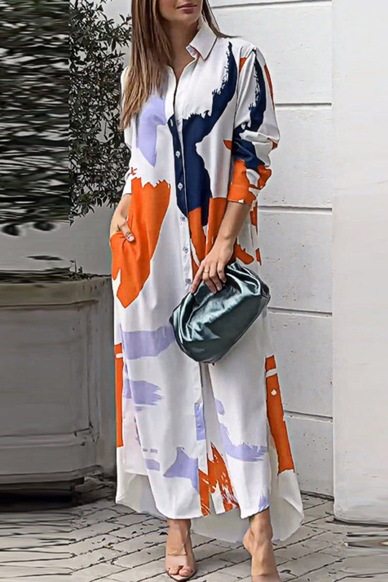 Vestidos camiseros informales con cuello vuelto y estampado geométrico urbano (9 colores)