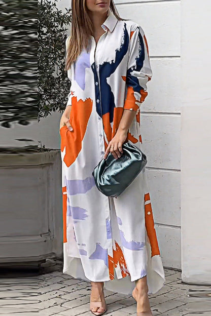 Vestidos camiseros informales con cuello vuelto y estampado geométrico urbano (9 colores)