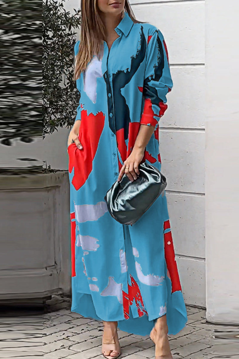 Vestidos camiseros informales con cuello vuelto y estampado geométrico urbano (9 colores)