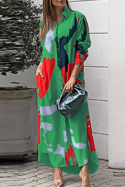 Vestidos camiseros informales con cuello vuelto y estampado geométrico urbano (9 colores)
