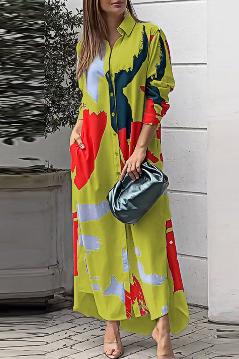 Vestidos camiseros informales con cuello vuelto y estampado geométrico urbano (9 colores)