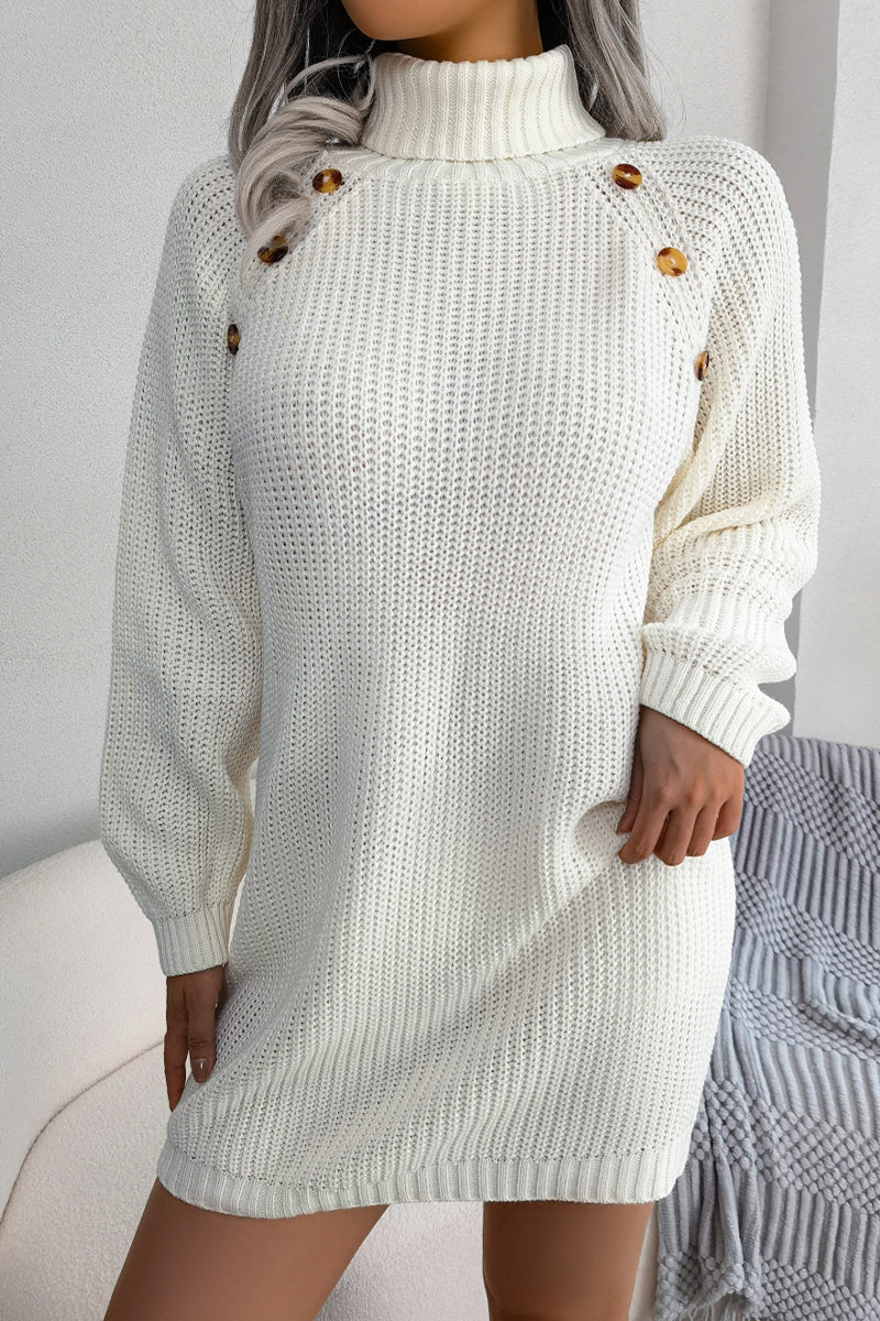 Street Solid Buttons Turtleneck Pencil Skirt Dresses(No Belt,3 Colors)