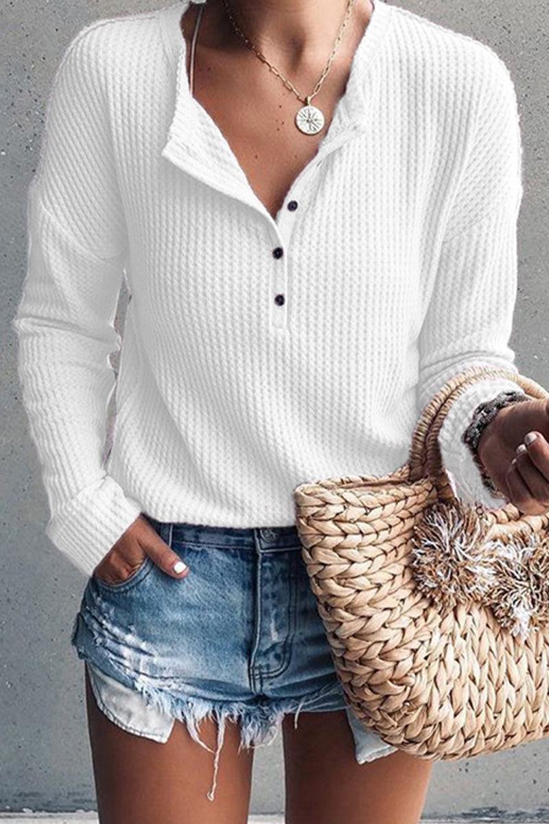 Tops casuales de cuello redondo con botones lisos (8 colores)