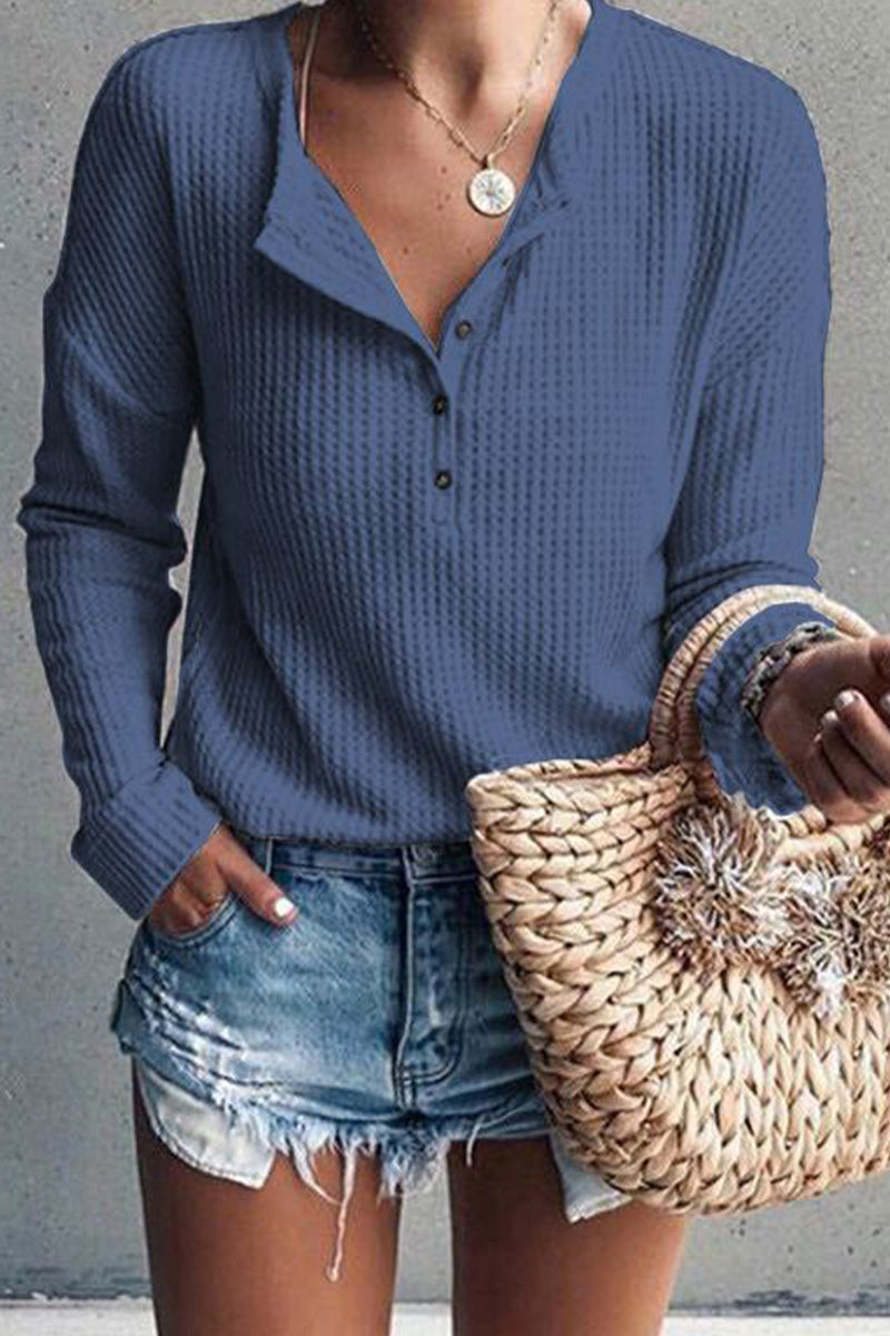 Tops casuales de cuello redondo con botones lisos (8 colores)