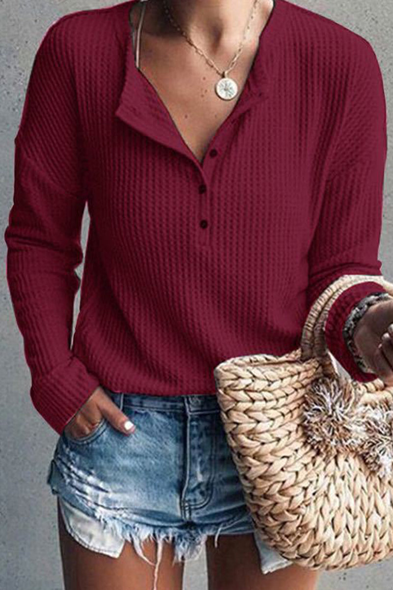 Tops casuales de cuello redondo con botones lisos (8 colores)