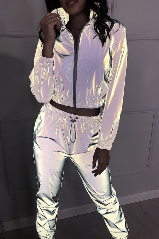 Conjunto informal de dos piezas de manga larga con cuello vuelto, reflectante, liso y urbano