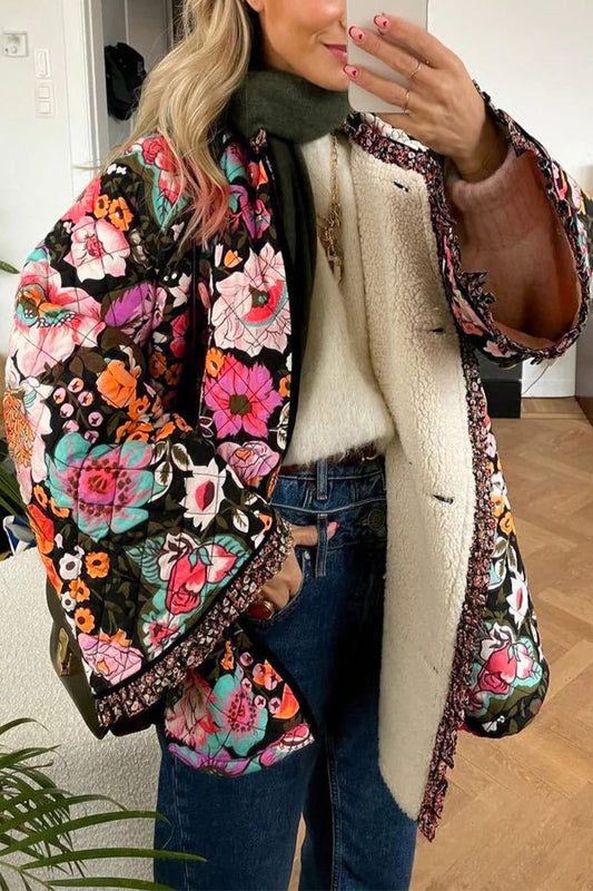 Prendas de abrigo informales universitarias con cuello redondo y diseño de patchwork floral