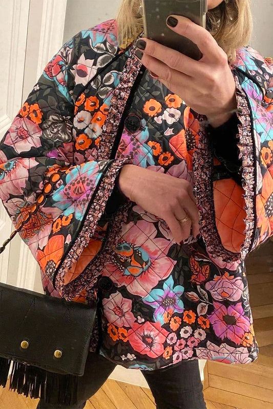 Prendas de abrigo informales universitarias con cuello redondo y diseño de patchwork floral