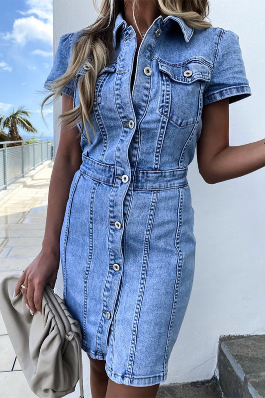 Vestido vaquero informal de calle con hebilla sólida, volantes, cuello vuelto, manga corta y corte regular
