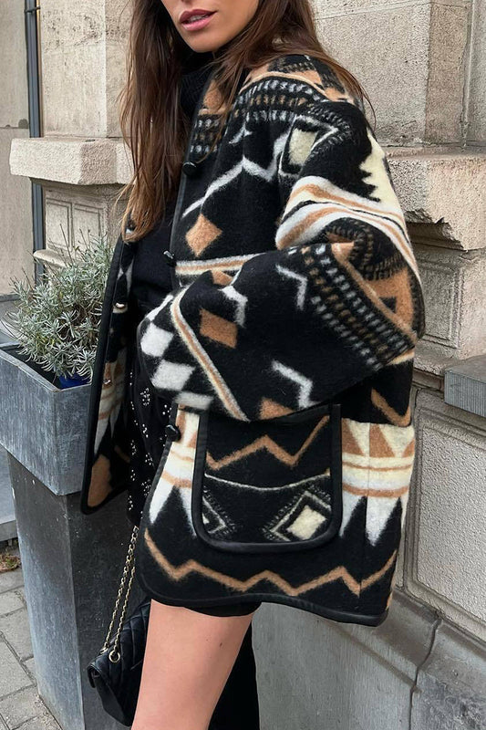 Prenda exterior informal de calle con estampado geométrico, bolsillo y cuello en U