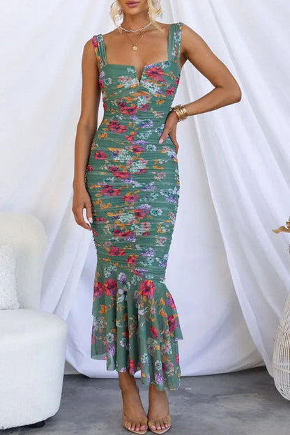 Elegante vestido estampado floral con cuello cuadrado y pliegues (3 colores)