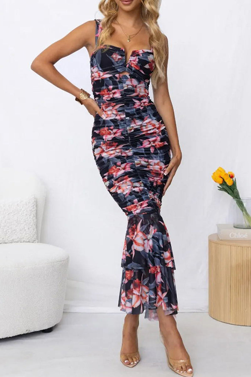 Elegante vestido estampado floral con cuello cuadrado y pliegues (3 colores)