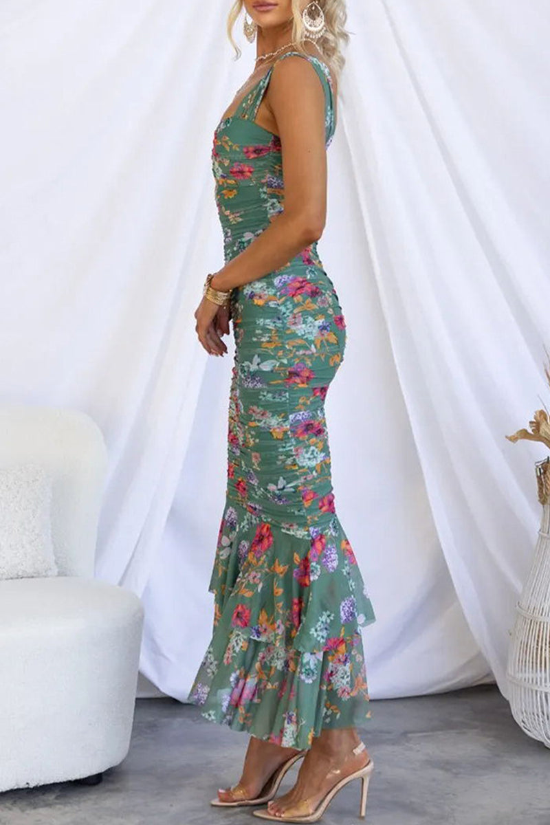 Elegante vestido estampado floral con cuello cuadrado y pliegues (3 colores)