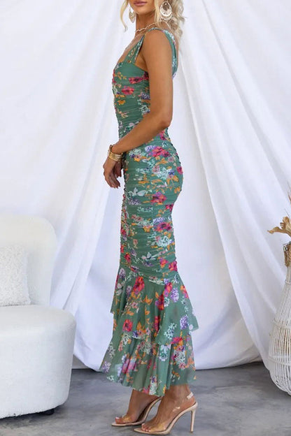 Elegante vestido estampado floral con cuello cuadrado y pliegues (3 colores)