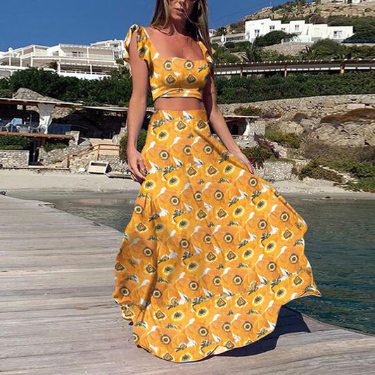 Summer Women Clothing Bohemian Sexy Print Sleeveless Dress Two Piece Set