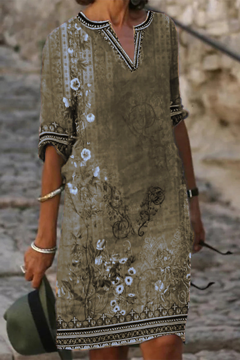 Vestido informal de manga corta con cuello redondo y estampado bohemio (4 colores)