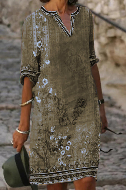 Vestido informal de manga corta con cuello redondo y estampado bohemio (4 colores)