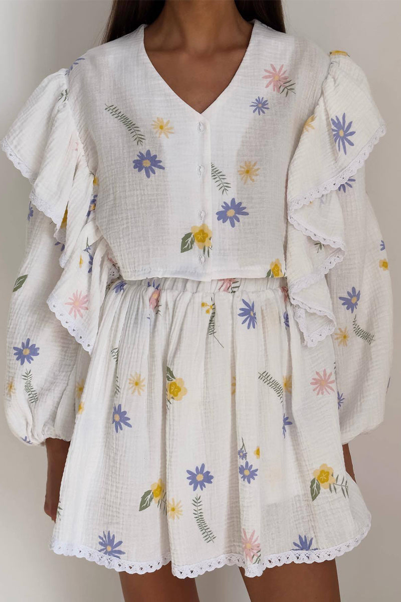 Conjunto de dos piezas con cuello en V, manga larga y estampado informal (3 colores)