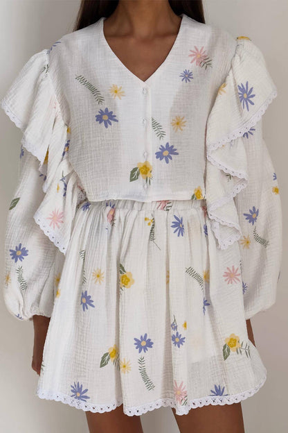 Conjunto de dos piezas con cuello en V, manga larga y estampado informal (3 colores)