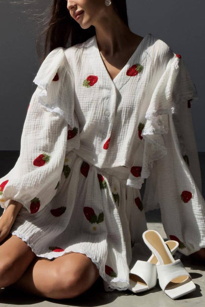 Conjunto de dos piezas con cuello en V, manga larga y estampado informal (3 colores)
