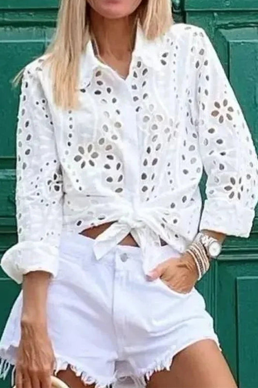Blusas casuales lisas con cuello vuelto y aberturas