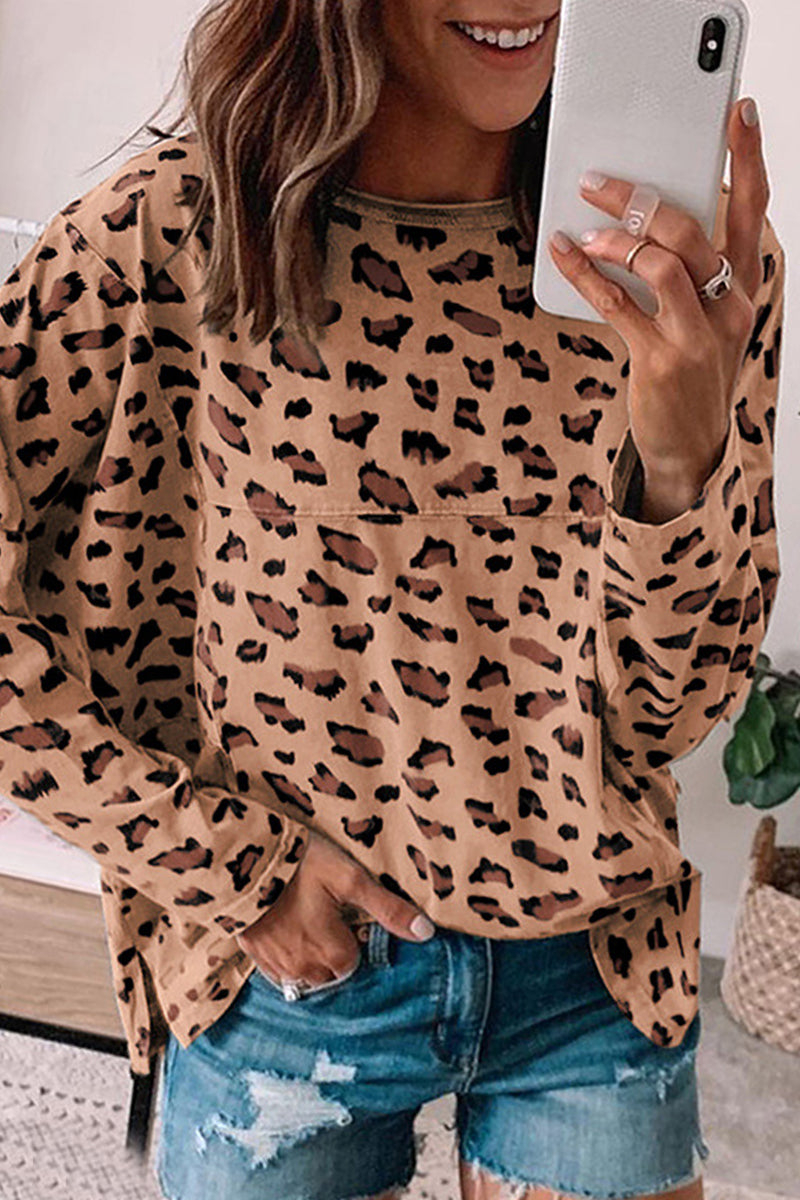 Tops casuales con cuello redondo y estampado de leopardo (3 colores)