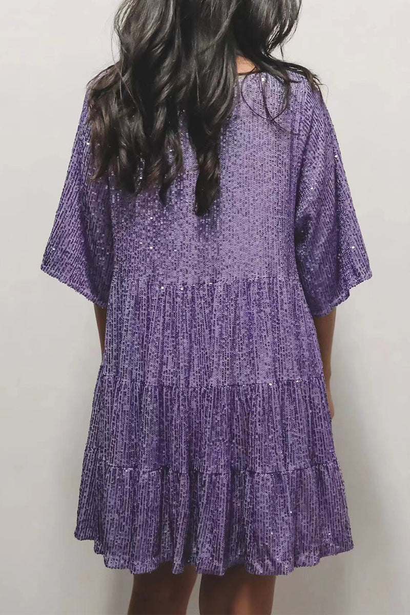 Elegante vestido de lentejuelas lisas con cuello redondo y manga corta (4 colores)