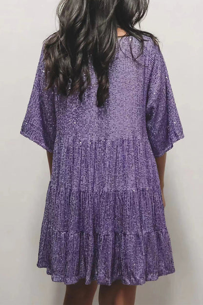 Elegante vestido de lentejuelas lisas con cuello redondo y manga corta (4 colores)