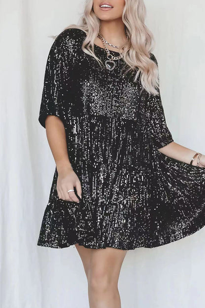 Elegante vestido de lentejuelas lisas con cuello redondo y manga corta (4 colores)