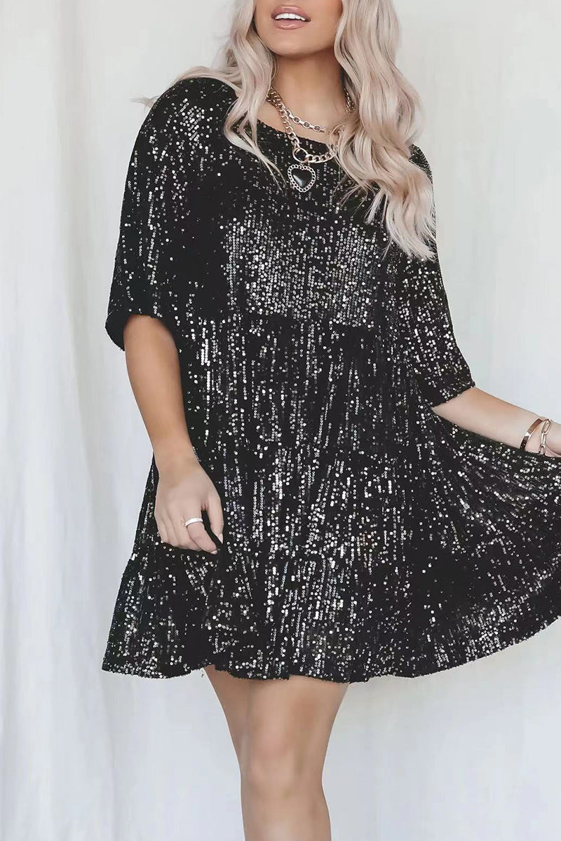 Elegante vestido de lentejuelas lisas con cuello redondo y manga corta (4 colores)