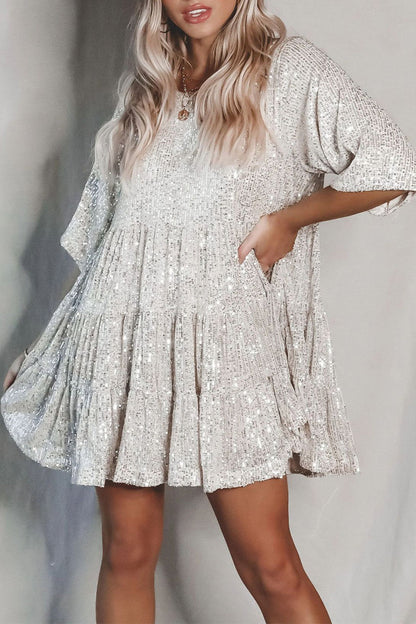 Elegante vestido de lentejuelas lisas con cuello redondo y manga corta (4 colores)